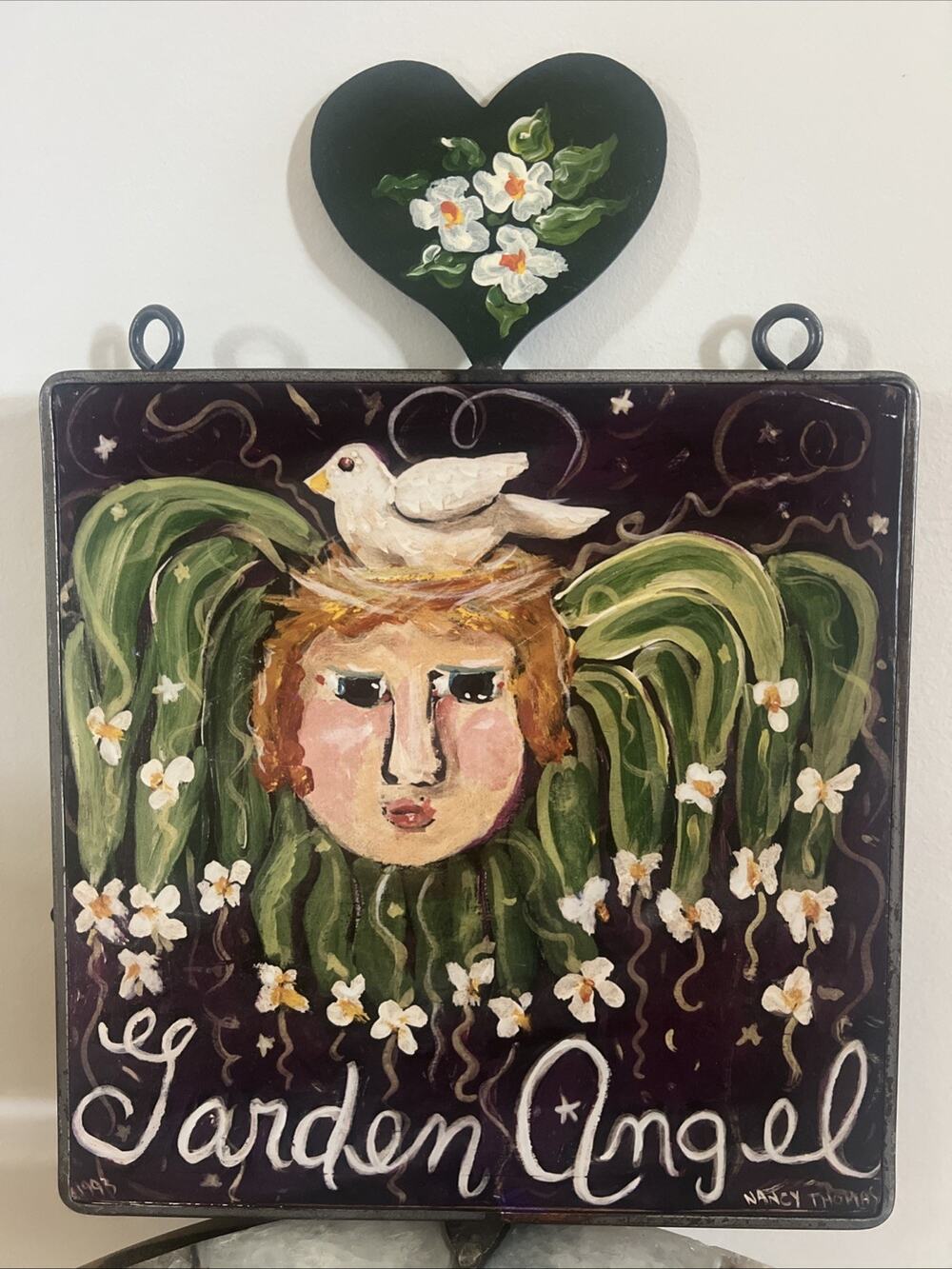 Vintage 1993 Nancy Thomas Folk Art Metal Plaque Garden Angel Primitive Dove Sign